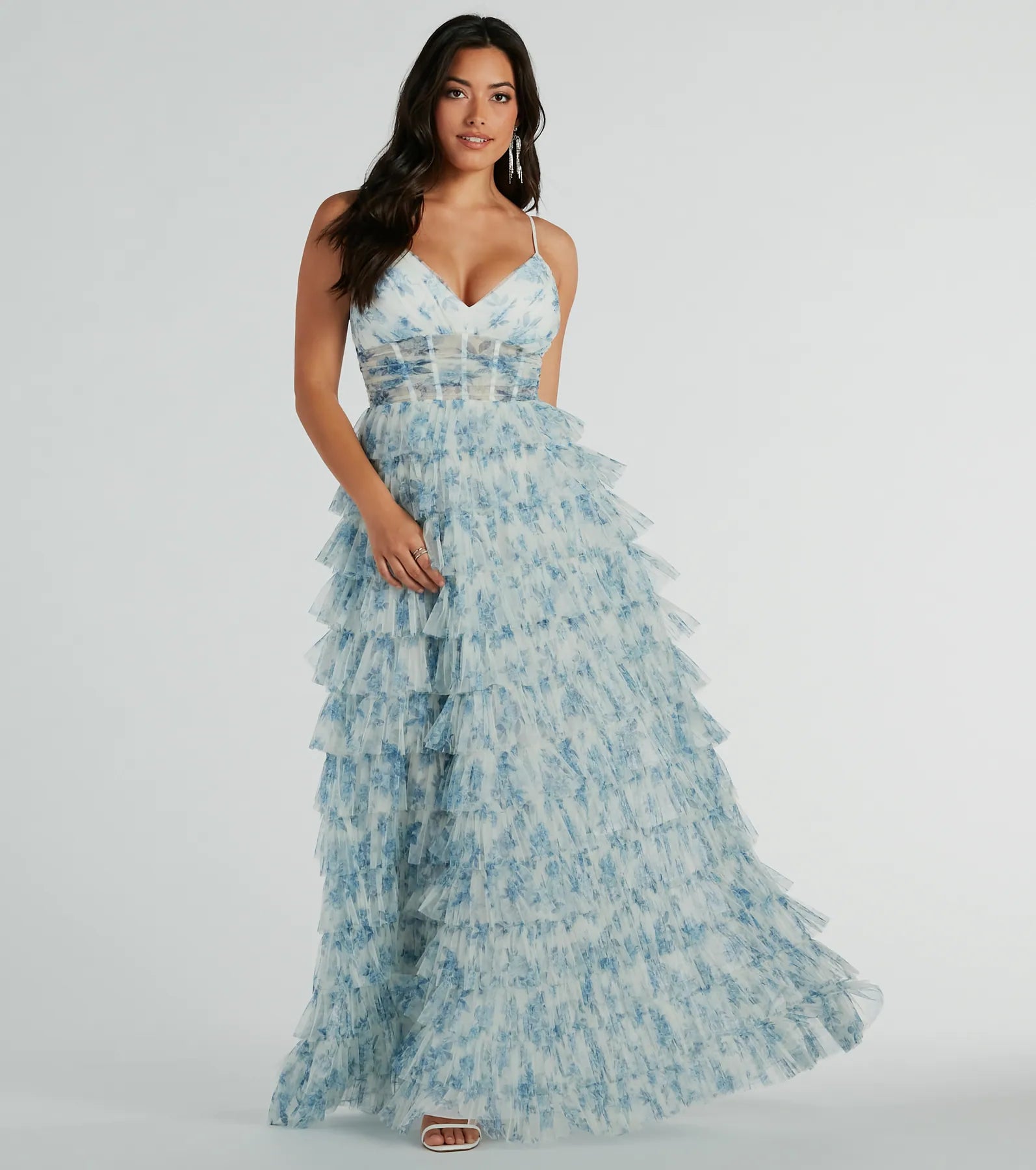 Feel instantly put-together in the Halle Corset Ruffle A-Line Floral Formal Dress in light blue, a stylish wedding guest dress designed for confident style and all-out celebration.