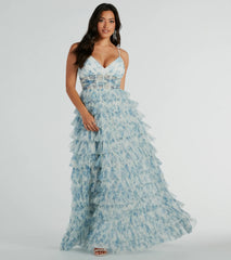 Feel instantly put-together in the Halle Corset Ruffle A-Line Floral Formal Dress in light blue, a stylish wedding guest dress designed for confident style and all-out celebration.