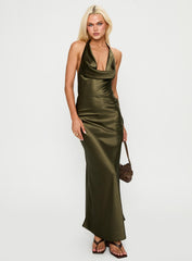 side view of model wearing Princess Polly Iridescent Plunge Maxi Dress Olive Green Plunger