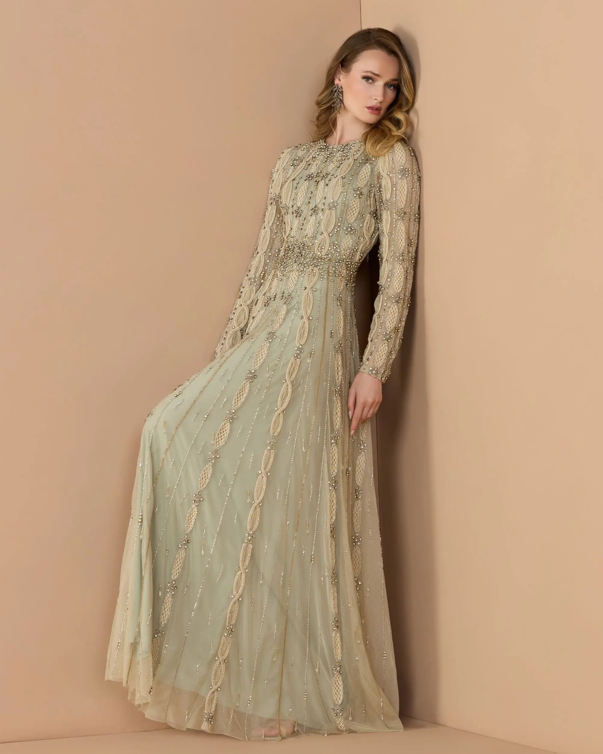 Green Embellished Long Sleeve A-Line Gown - Mac Duggal