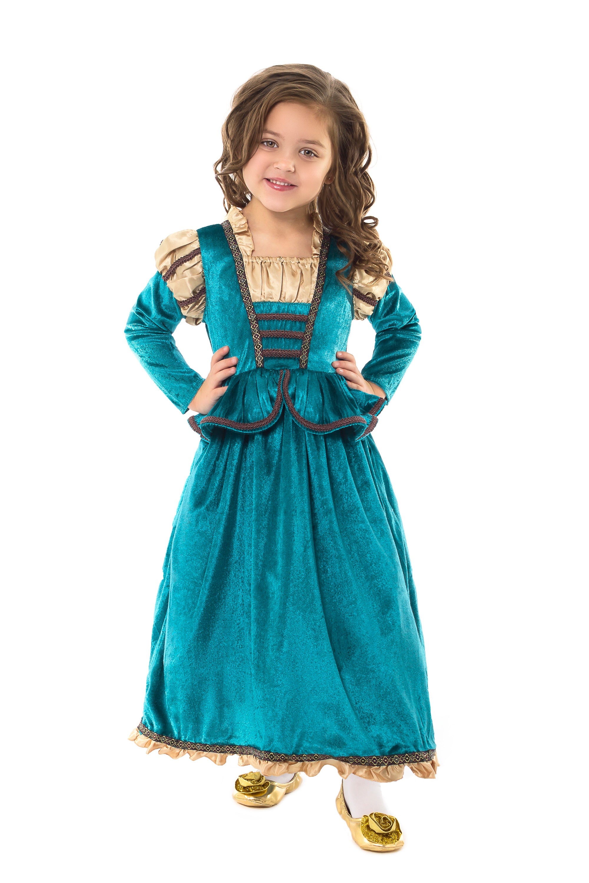 A child modeling a Medieval Princess dress up costume with dark teal stretch velvet and silk puff sleeves, a full velvet skirt with gold satin ruffle, and dark sienna braided trim.