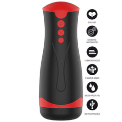Black and red vibrator with features listed on a white background