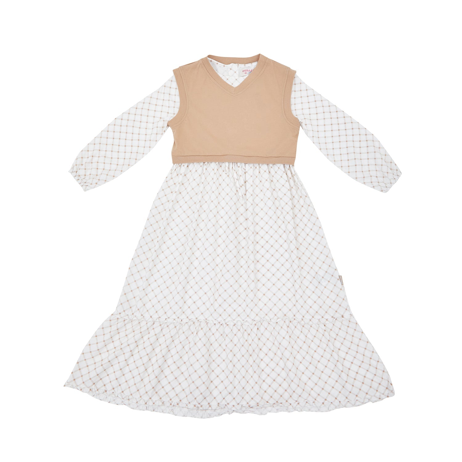 Osella Plaid Maxi Dress With Additional Knit Vest In Beige 2357500191