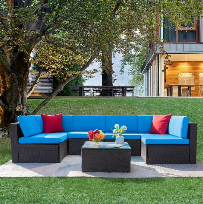 LACOO 7 Pieces Patio Conversation Set Outdoor Sectional Sofa Set PE Rattan