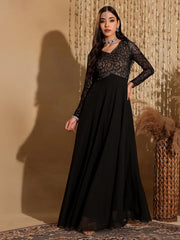 Black Full Sleeves Lace Fit and Flare Maxi Dress for Women