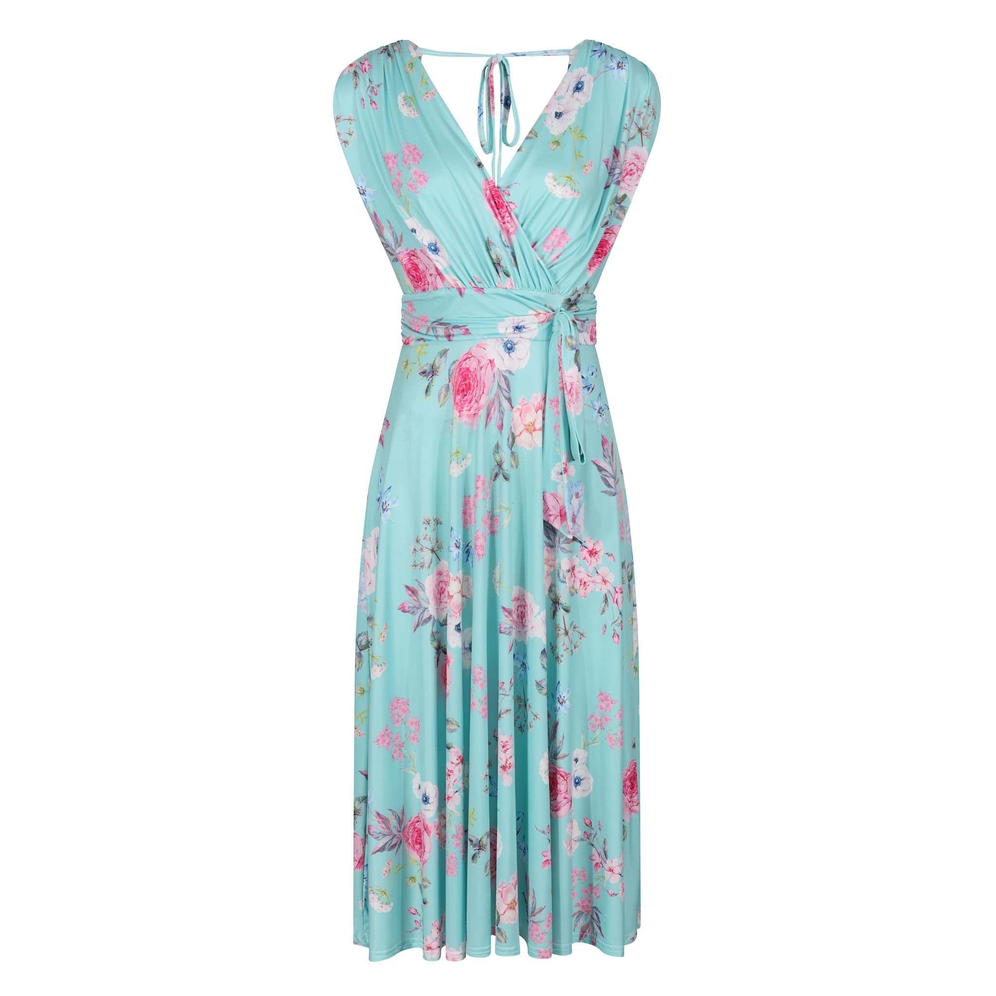 Aqua Mint Floral Print V Neck Crossover Top Empire Waist Swing Dress - Pretty Kitty Fashion