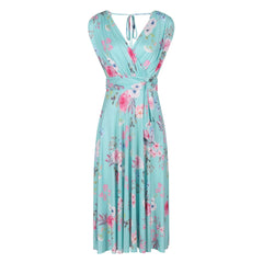 Aqua Mint Floral Print V Neck Crossover Top Empire Waist Swing Dress - Pretty Kitty Fashion