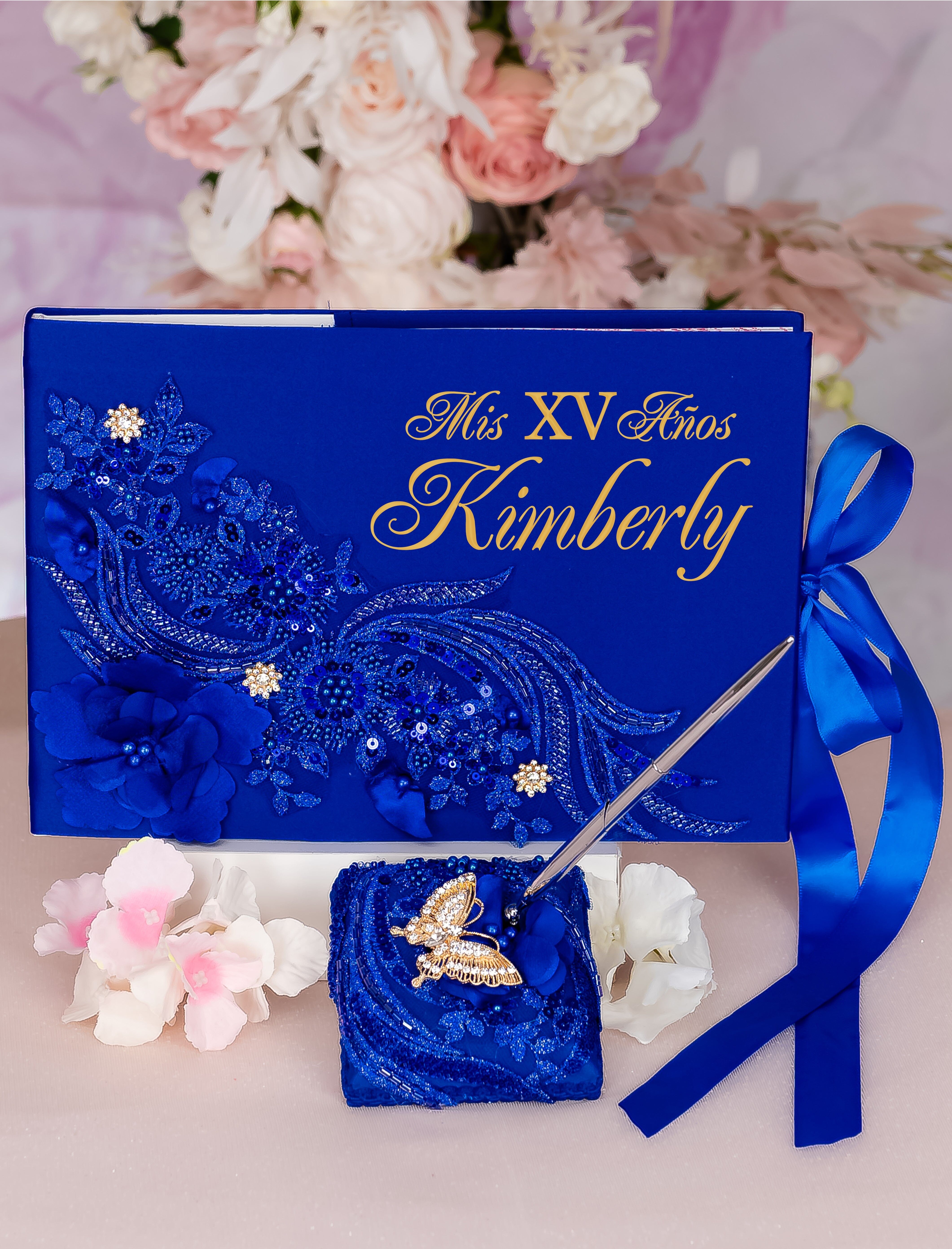 Royal Blue gold quinceanera guest book with pen