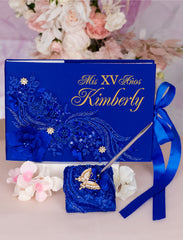 Royal Blue gold quinceanera guest book with pen