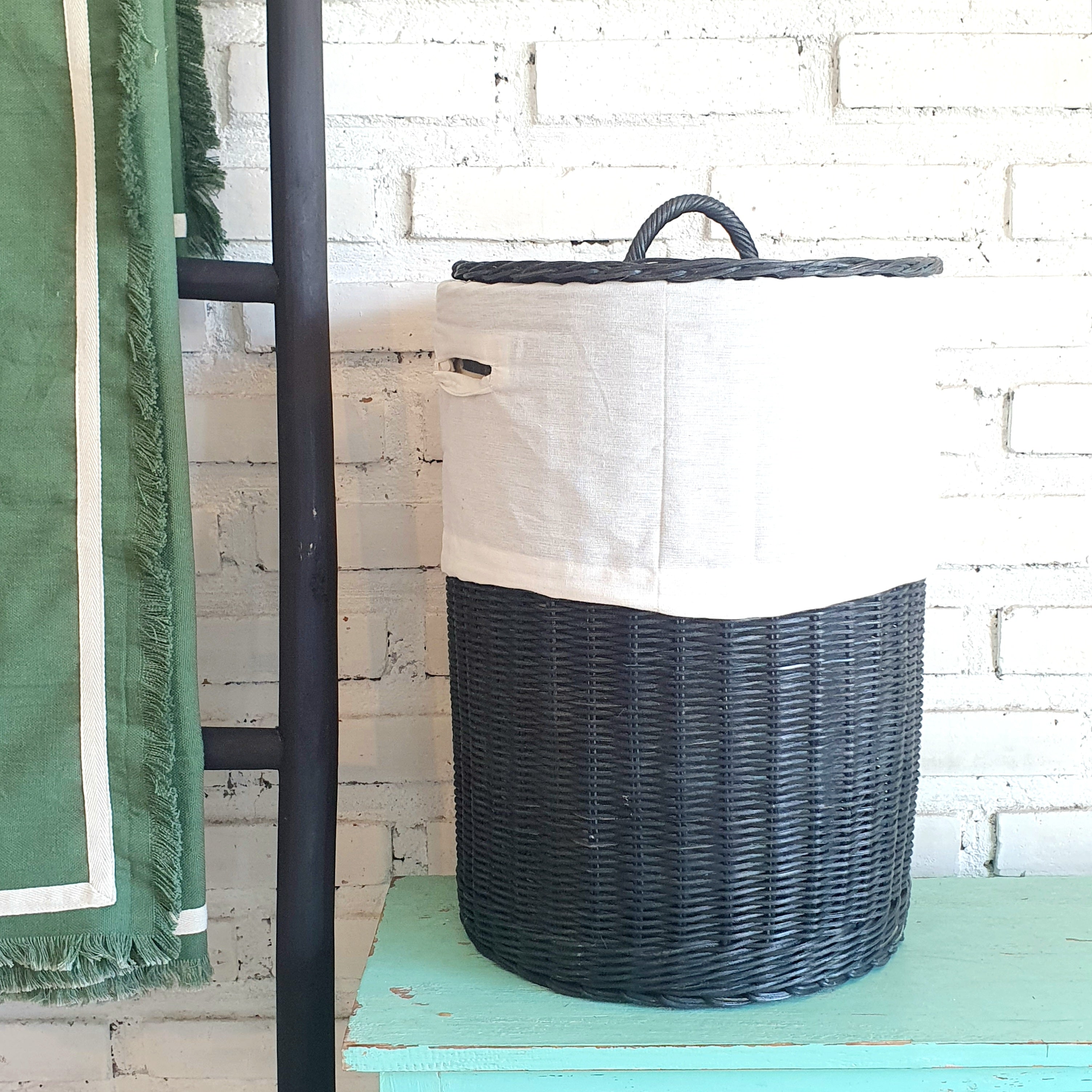 Round Black Rattan Basket with Inner Lid (W) - Canggu & Co