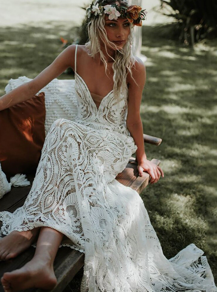 Boho Lace Wedding Dress,Spaghetti Straps Open Back Bridal Gown,WD00879