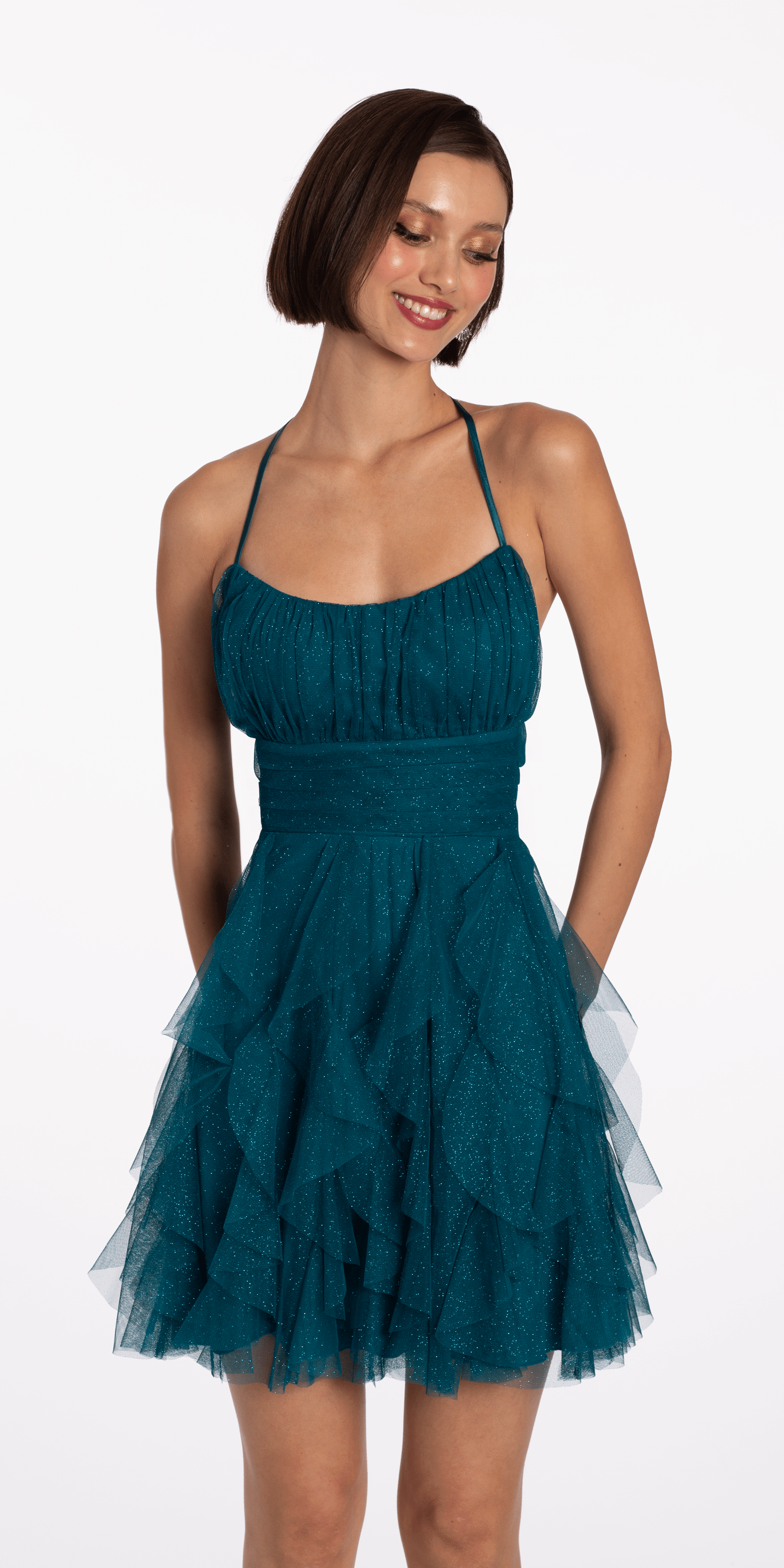 teal/size/4/missy/Camille La Vie/Scoop Neck Glitter Fit and Flare Dress with Tendrils/front