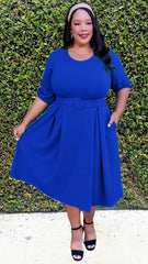 Plus Size 3/4 Bishop Sleeves Flare Midi Dress with Belt Zipper Back