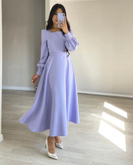 Evening Dresses Women Long Sleeve Square Neck Modest Ankle Length Formal Gowns fg5783