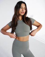 Short Sleeve Crop Top - Olive Green