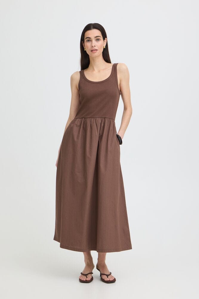 BYOUNG, brown tank midi dress, sleeveless midi dress brown, casual brown dress women, fitted top flowy skirt dress
