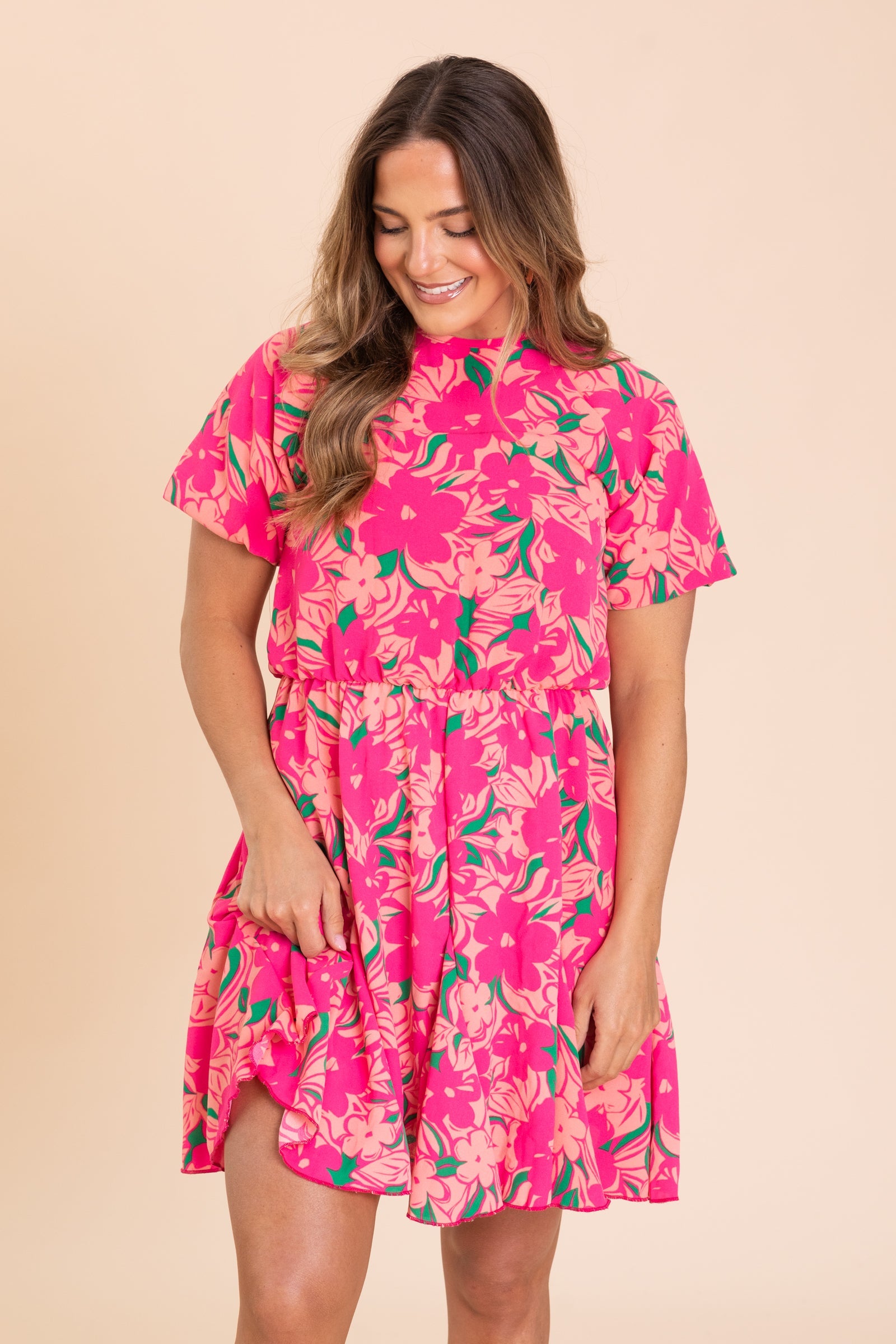 Hot Pink Floral Woven Dress With Elastic Waist