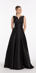 black/size/6/missy/Camille La Vie/Mikado Embellished Bateau Neck A Line Dress with Pockets/front