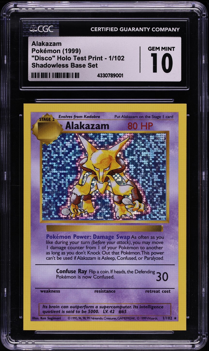 1999 POKEMON BASE SET SHADOWLESS DISCO HOLO TEST PRINT ALAKAZAM #1 CGC 10 *POP 4*