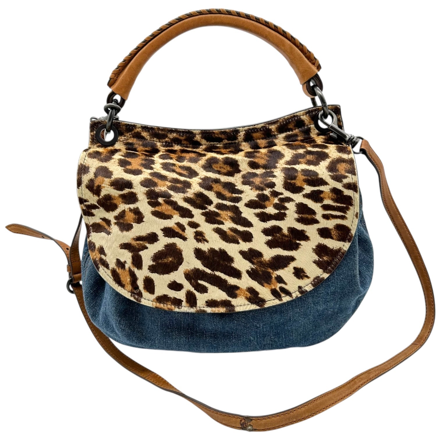Miu Miu Denim & Leopard Print Ponyhair 2-Way Bag - Outfit Repeater