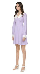 1970s style flared lavender party dress with large dramatic white collar and slightly puff sleeve at the cuff. A light big night out look dressed up with heels or down with kicks. Fully lined with invisible back zipper. Choose bespoke for custom sizing, shorter sleeve, colour and hem length options.