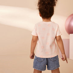 Fluro Pink Flower Short Sleeve Scallop 100% Cotton T-Shirt