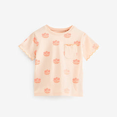 Fluro Pink Flower Short Sleeve Scallop 100% Cotton T-Shirt