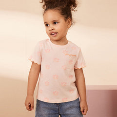 Fluro Pink Flower Short Sleeve Scallop 100% Cotton T-Shirt