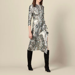 Robe longue drapée en jacquard lurex