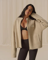 Ribbed Zip Through Knit Sweatshirt - Oatmeal/Marshmallow White