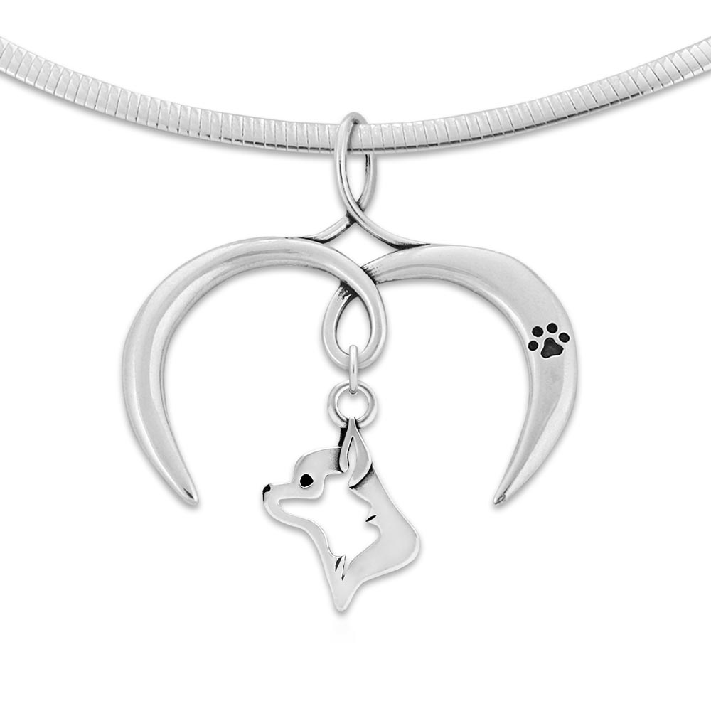 Chihuahua Necklace with Open Heart Charm Holder with Paw Print in Sterling Silver on Omega Chain.
