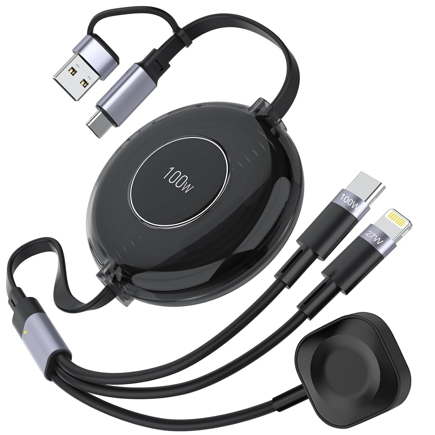 Verilux 6 in 1 USB C Charging Cable for Multiple Devices with 100W Power Delivery and Retractable Reel Design