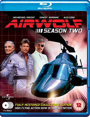 "Blu-ray case for Airwolf Season 2, featuring a helicopter and three men."