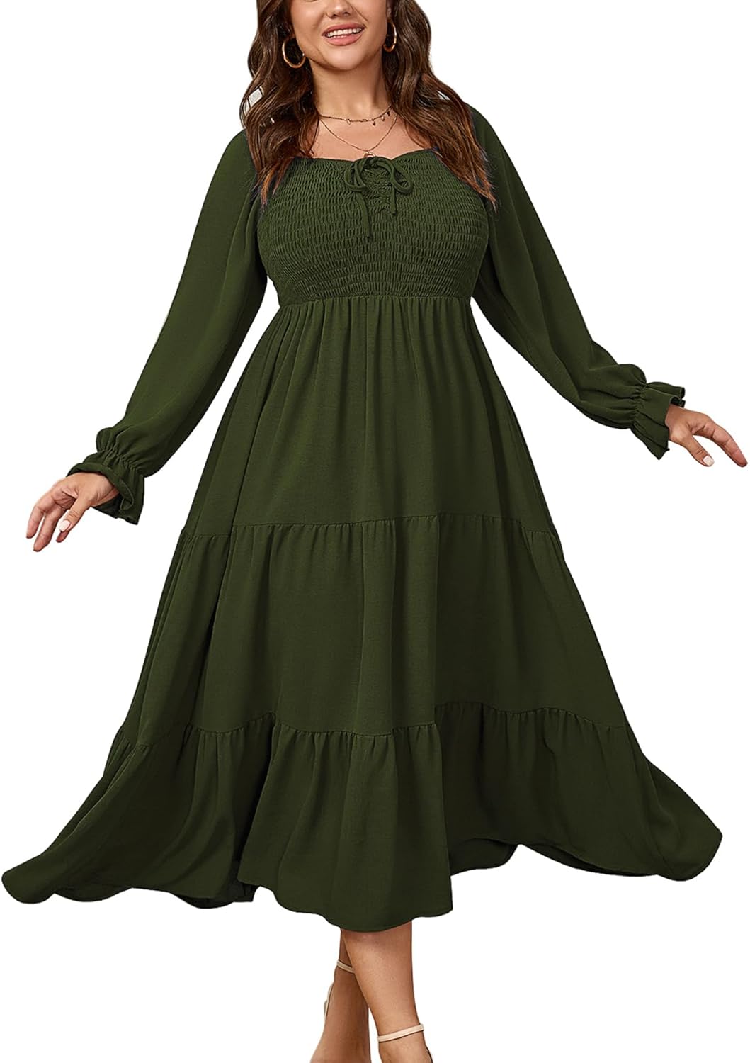 CICIDUDU Womens Plus Size Flowy Maxi Dress Long Sleeve Square Neck Smocked A Line Formal Long Dresses for Women Wedding Guest