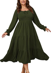 CICIDUDU Womens Plus Size Flowy Maxi Dress Long Sleeve Square Neck Smocked A Line Formal Long Dresses for Women Wedding Guest
