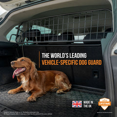 Dog sitting in a vehicle with a vehicle-specific dog guard, featuring text about the product and its features.