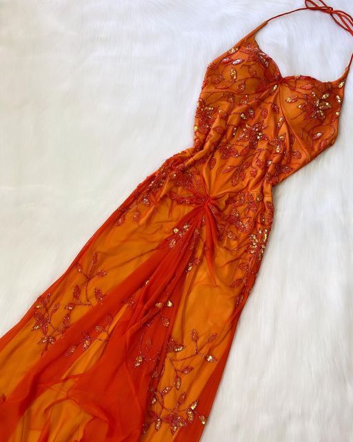 Elegant Orange Spaghetti Straps Beaded Prom Dress Party Dress fg5364