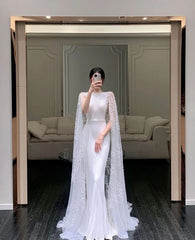 White Cape Elegant Formal Evening A-line Long Prom Dresses fg4782