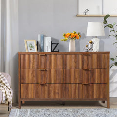 affeivul Mid Century Modern Dresser TV Stand, 6 Drawer Dresser for Bedroom Wood, Farmhouse Boho Storage Cabinet Side Table with Solid Natural Wood Legs, Long Wooden Dresser for Closet (Walnut) affeivul