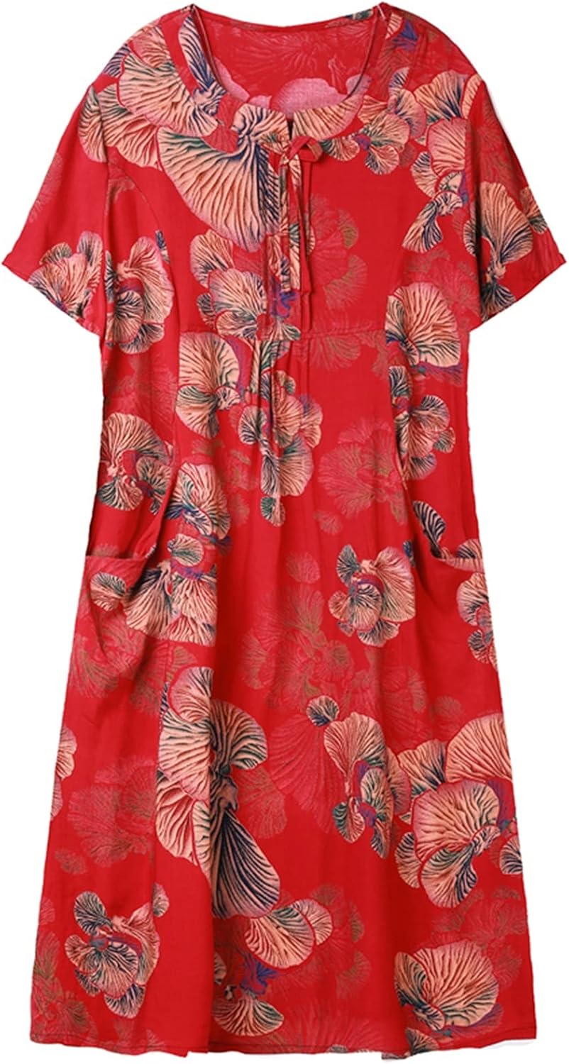 Summer Middle-Aged and Elderly Women's Loose Cotton Silk Long Dresses, Clothes for Mothers and Grandmothers (Color : Red, Size : 4X-Large)