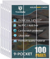 1800 Pockets Trading Card Sleeves, Premium 9-Pocket 100 Pages, Double-Sided Baseball Binder Sleeves, Protectors Binder Sheets for TCG Card Storage - Fits 3 Ring Binder (100 Sheets)
