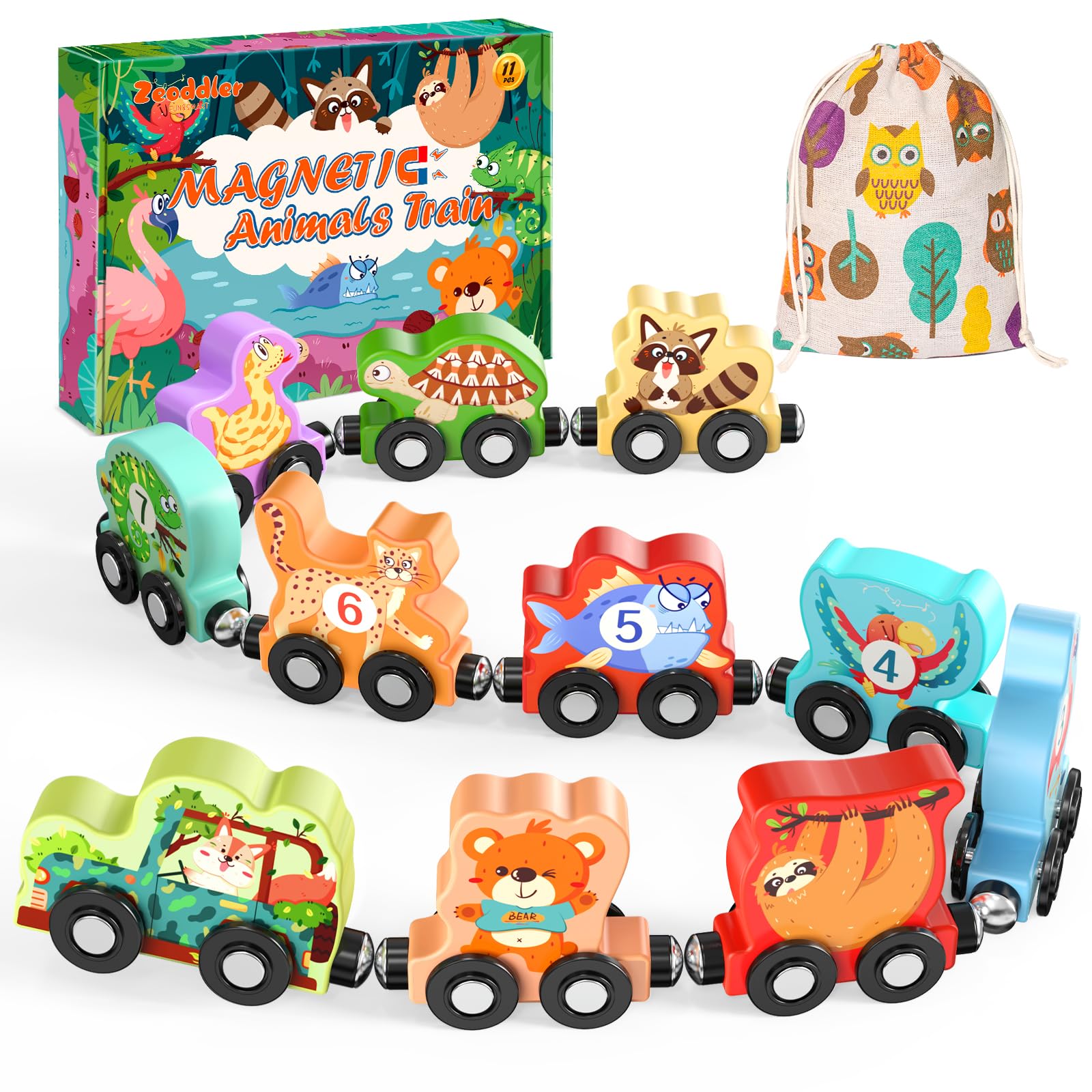 Zeoddler Magnetic Wooden Animals Train Set, Montessori Sensory Toys for Toddlers, Medium, Green, Model 043TS