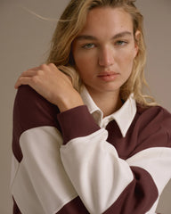 Stripe Oversized Henley Sweatshirt - Burgundy/Marshmallow White