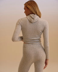 Rib Knit Merino Blend Hooded Top - Light Grey Melange