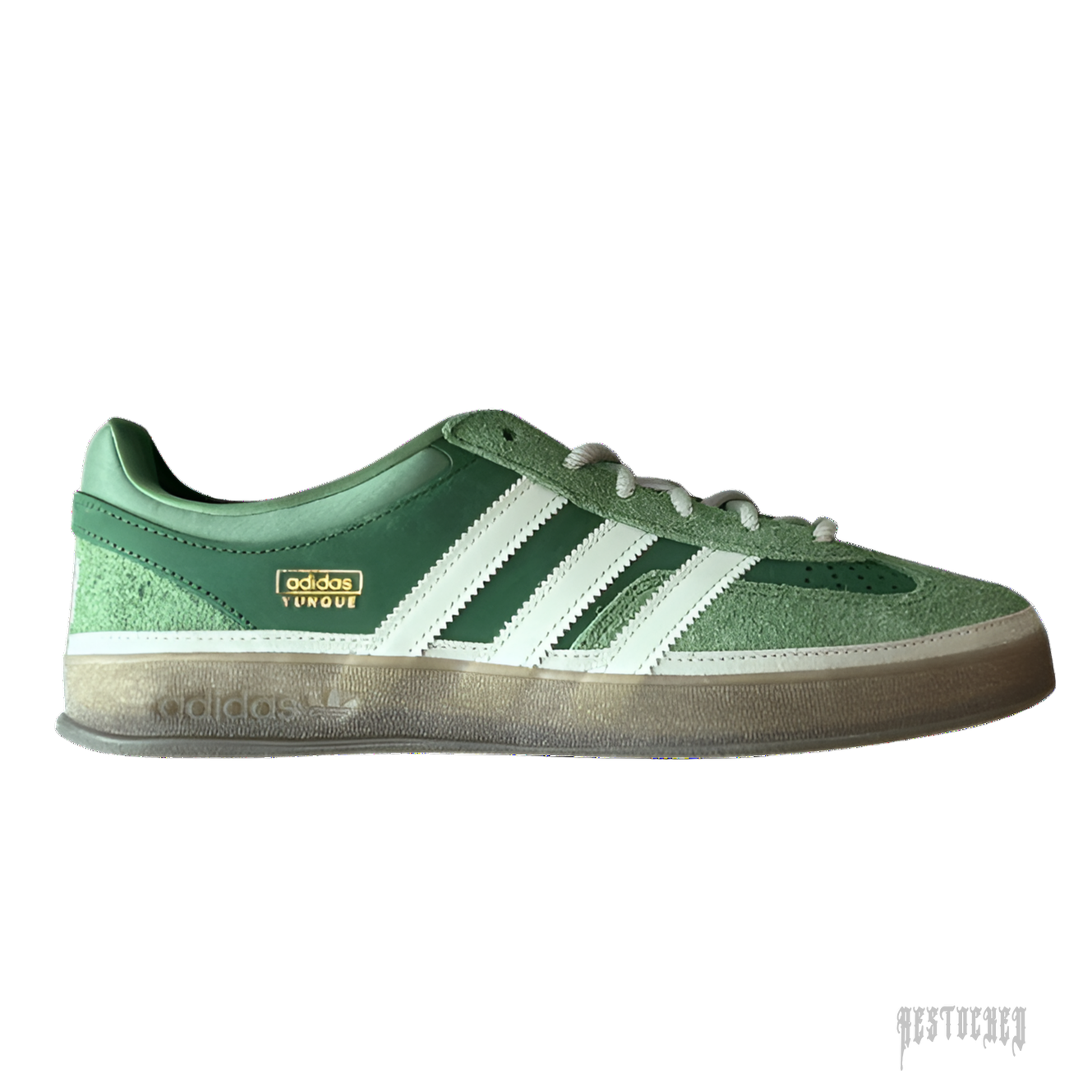 Adidas x Bad Bunny Gazelle Indoor "El Yunque" sneaker, green suede and leather with white stripes and translucent gum sole.