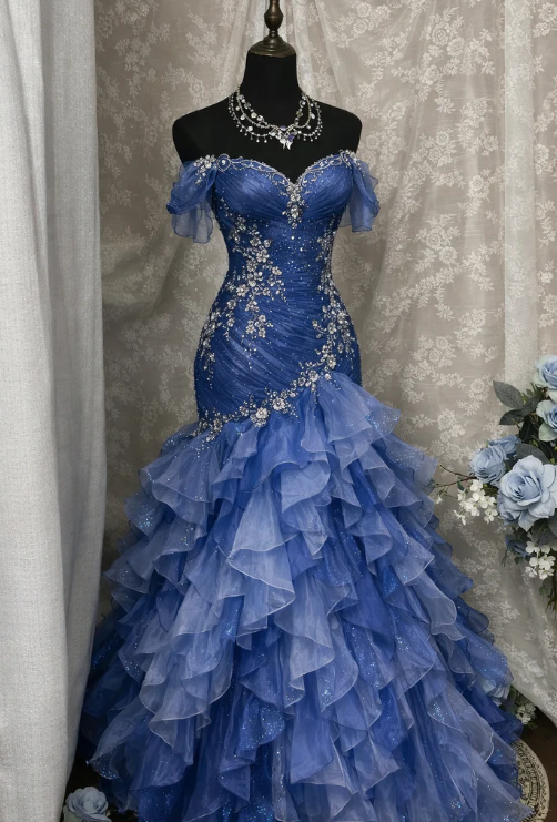 Blue Dreamy Mermaid Exquisite Beaded Layered Ruffle Tulle Prom Dress Evening Gown DP5039