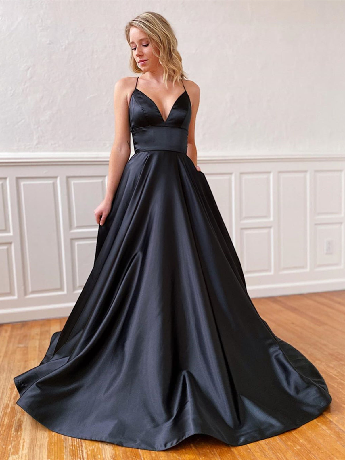 A Line V Neck Black Backless Satin Prom Dresses, Black Open Back Long Formal Evening Dresses