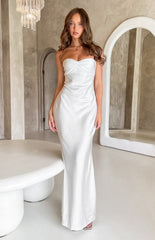 Beginning Boutique Abbie White Maxi Formal Dress white satin strapless twisted bust bodycon maxi dress