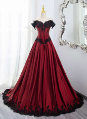 Wine Red A-line Off Shoulder with Black Lace Evening Dress, Wine Red Long Prom Dress