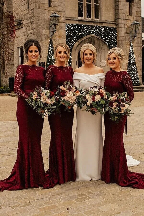 Burgundy Lace Mermaid Sweep Train Long Sleeves Bridesmaid Dresses, MBD213 | mermaid bridesmaid dress | cheap bridesmaid dress | lace bridesmaid dresses | musebridals.com